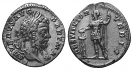 Septimius Severus AD 193-211. Denarius AR
SEVERVS AVG PART MAX, laureate head right / RESTITVTOR VRBIS, Emperor standing left, holding patera in righ...