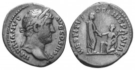 Hadrian. AD 117-138. AR Denarius
"Travel series" issue ("Provinces cycle") – Restitutor type. Rome mint. Struck circa AD 130-133. Laureate head right...