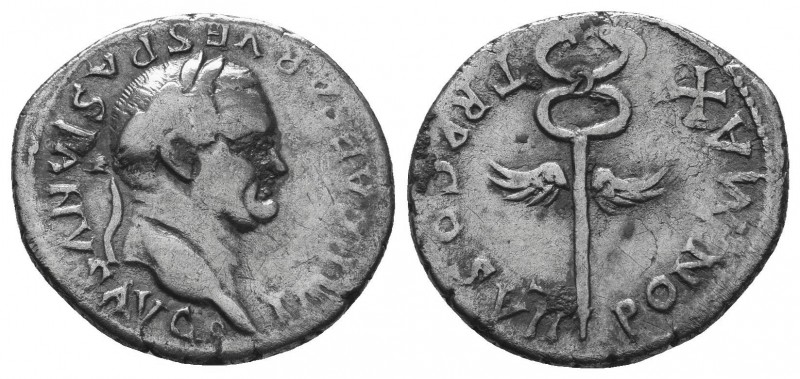 Vespasian. AD 69-79. AR Denarius
CAESAR VESPASIANVS AVG, laureate head right; a...