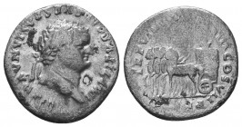 Titus, as Caesar AD 76-78. Rome Ar Denarius
IMP TITVS CAES VESPASIAN AVG P M, laureate head left / TR P VIIII IMP XIIII COS VII P P, quadriga left wi...