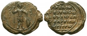 Byzantine lead seal of Apnelgaripes magistros
(ca 1060-1078 AD)
Obverse: St. George standing facing, wearing military dress, holding spear in right ha...