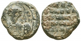 Uncertain byzantine imperial lead seal
(ca 10th/11th cent.)

Obverse: Bust of Jesus Christ, facial, nimbate, wearing chiton and himation, blessing by ...