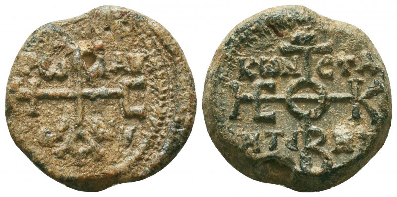 Byzantine lead seal of Constantinos to doulo sou (?) stratelates
(8th cent.)
...