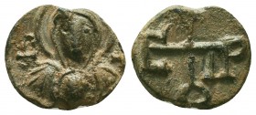Byzantine lead seal of Peter officer
(7th cent.)

Obverse: Bust of Mother of God, facial, nimbate, with Jesus Christ as child on her chest, 2 cross...