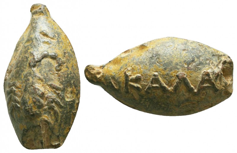 A hellenistic period lead inscribed bullet sling
It bears from one side a scorpi...