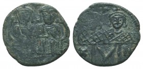 Leo IV and Constantine VI. 776-780 AD. AE Follis. Constantinople. No legend, Leo IV unbearded, on left, and Constantine, bearded on right, both seated...