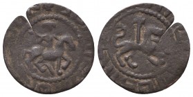 ARMENIA: Post-Roupenian, 13th/14th century, AE unit, Ner-510, imitation of a later takvorin (horseman // lion right), with meaningless imitative Armen...