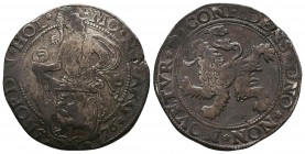 NETHERLANDS. Holland. Leeuwendaalder (1576) AR
Obv: MO NO ARG ORDIN HOL.
Knight standing left, head right, holding up garnished coat-of-arms in foregr...