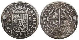 SPAIN. Philip V (First reign, 1700-1724). 2 Reales (1723 M-A). Madrid.
Obv: PHILIPPUS V D G.
Crowned coat-of-arms.
Rev: HISPANIARUM REX.
Coat-of-arms ...