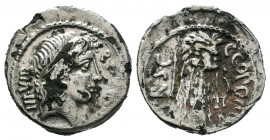 Lepidus and Octavian. 43 BC. AR Quinarius (17.83mm, 2.88 g, 9h). Military mint with Antony and Lepidus in Transalpine Gaul. Lituus, capis, and raven /...
