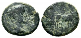 MACEDON. Uncertain. Tiberius? (14-37). Ae. Possibly Philippi. Obverse: Bare head right. Rev: Pontiff driving yoke of oxen right, plowing pomerium. Unc...