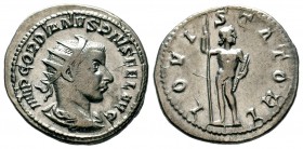 Gordian III AR Antoninianus. AD 238-239. Jupiter standing l., head r., holding sceptre and thunderbolt. RIC 112;

Weight: 3,97 gr
Diameter: 21,00 m...