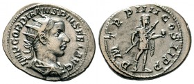 Gordian III AR Antoninianus. Rome, AD 241-243. IMP GORDIANVS PIVS FEL AVG, radiate, draped and cuirassed bust of Gordian III to right / P M TR P V COS...