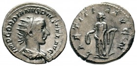Gordian III AR Antoninianus. Rome, AD 241-243. IMP GORDIANVS PIVS FEL AVG, radiate, draped and cuirassed bust right / LAETITIA AVG N, Laetitia standin...