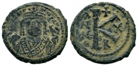 Maurice Tiberius. A.D. 582-602. AE half follis.

Weight: 5,75 gr
Diameter: 22,00 mm