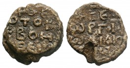 Byzantine lead seal of George deacon
(end of 7th cent.)

Obverse: Cross, inscription in 4 lines: + ΘΕ/ΟΤΟΚ/Ε ΒΟΗ/ΘΕΙ= Θεοτόκε, βοήθει (Mother of God, ...