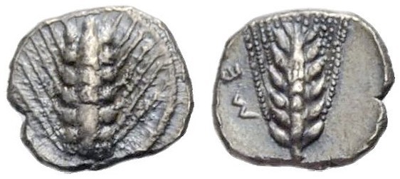 GRIECHISCHE MÜNZEN
LUKANIEN.  METAPONT.  Obol, ca. 450-420 v. Chr. Ähre aus sie...