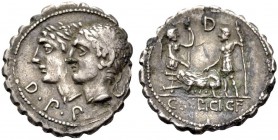 RÖMISCHE MÜNZEN
RÖMISCHE REPUBLIK.  C. Sulpicius Galba, 106 v. Chr. Serratus. D.P.P. Die Köpfe der beiden Penaten mit L. nebeneinander n.l. Rv. C.SVL...