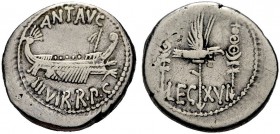 RÖMISCHE MÜNZEN
IMPERATORISCHE PRÄGUNGEN.  Marcus Antonius, gest. 30 v. Chr. Denar, mit Antonius ziehende Münzstätte, 32-31 v. Chr. ANT AVG / III VIR...