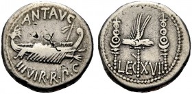 RÖMISCHE MÜNZEN
IMPERATORISCHE PRÄGUNGEN.  Marcus Antonius, gest. 30 v. Chr. Denar, mit Antonius ziehende Münzstätte, 32-31 v. Chr. ANT AVG / III VIR...