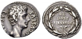 RÖMISCHE MÜNZEN
KAISERZEIT.  Augustus, 27 v. Chr. -14 n. Chr. Denar, 20-19 v. Chr. Lugdunum. Barhäuptige Büste n. r. CAESAR - AVGVSTVS. Rv. OB/ CIVES...