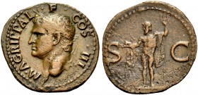 RÖMISCHE MÜNZEN
KAISERZEIT.  Agrippa, gest. 12 v. Chr. As, postum, unter Caligula (37-41), Kopf mit Rostralkrone n.l. Rv. S-C Neptun nackt n.l. stehe...