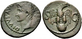 RÖMISCHE MÜNZEN
KAISERZEIT.  Tiberius, 14-37. As, Rom, 34-37, für Divus Augustus. Büste des Augustus mit L. n.l. Rv. Adler auf Globus, Kopf r., zwisc...