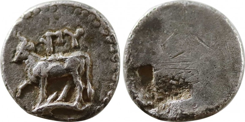 THRACE. Byzantion. 1/10 Stater (Circa 340-320 BC).
Obv: ΠY.
Bull standing left o...