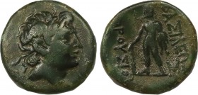 KINGS OF BITHYNIA. Prusias II Cynegos (182-149 BC). Ae.
Obv: Head right, wearing winged diadem.
Rev: BAΣIΛEΩΣ / ΠPOVΣIOV.
Herakles standing left, hold...