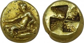 MYSIA. Kyzikos. EL Hemihekte (Circa 5th-4th centuries BC).
Obv: Dionysos reclining left on panther skin, holding kantharos; shell to outer left; belo...