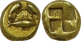 Mysia, Kyzikos EL Hekte. (Circa 450-400 BC). Obv: Two eagles standing facing each other on ornamented omphalos; below, tunny fish to right. Rev: Quadr...