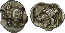MYSIA. Kyzikos. Obol (Circa 450-400 BC).
Obv: Forepart of boar left, with Ǝ on shoulder; to right, tunny upward.
Rev: Head of roaring lion left within...