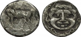 MYSIA. Parion. Hemidrachm (4th century BC).
Obv: ΠΑ / ΡΙ.
Bull, with head right, standing left on ground line; phiale below.
Rev: Facing gorgoneion wi...