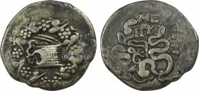 MYSIA. Pergamon. Cistophor (Circa 166-67 BC).
Obv: Cista mystica with serpent; all within ivy wreath.
Rev: Bowcase between two serpents; civic monogra...