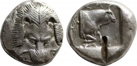 IONIA. Samos.(456-451 BC). Ar Tetradrachm. Obv: Lion's scalp facing, viewed from above. Rev: ΣΑ, forepart of ox to right, dotted truncation; olive bra...