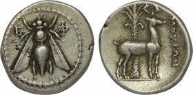 IONIA, Ephesos. Drachm. (Circa 202-150 BC). Moch(s)ion, magistrate.Obv: Bee / Stag standing right; palm tree in background. Rev: MOXIΩN (sic) to right...