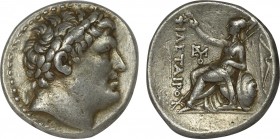 KINGS OF PERGAMON. Attalos I (241-197 BC). Tetradrachm.
Obv: Laureate head of Philetairos right.
Rev: ΦIΛETAIPOY.
Athena seated left on throne, cradli...