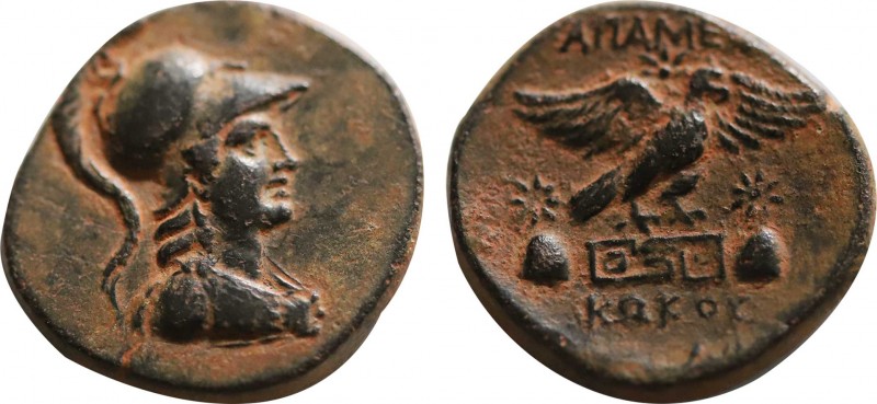 PHRYGIA. Apameia. Ae (Circa 88-40 BC). Kokos, magistrate.
Obv: Helmeted bust of ...