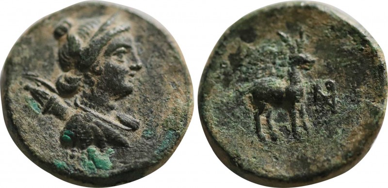CARIA. Amyzon. Ae (2nd-1st centuries BC). Obv: Head of Artemis right, with bow a...