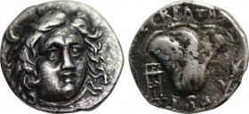 CARIA. Rhodes. Drachm (229-205 BC). Eukrates, magistrate.
Obv: Head of Helios facing slightly right.
Rev: EYKPATHΣ / P - O.
Rose, bud to right, tripod...