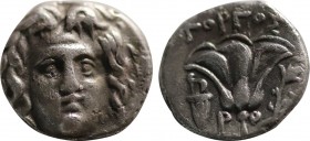 CARIA. Rhodes. Drachm (Circa 205-190 BC). Gorgos, magistrate.
Obv: Head of Helios facing slightly right.
Rev: Rose with bud to right; bow in bowcase t...