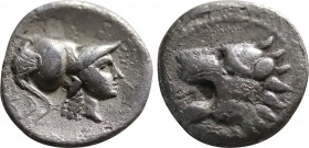 PAMPHYLIA. Side. Obol (3rd-2nd centuries BC).
Obv: Helmeted head of Athena right.
Rev: Head of lion left with open mouth.
SNG France 739 = Waddington ...