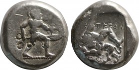 PAMPHYLIA. Aspendos. Stater (Circa 465-430 BC).
Obv: Warrior advancing right, holding shield and spear.
Rev: EΣT.
Triskeles over lion advancing left; ...