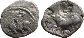 PAMPHYLIA. Aspendos. Drachm (Circa 420-360 BC).
Obv: Warrior, hurling spear, on horse galloping right left.
Rev: Boar advancing left right; numerous c...