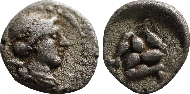 PAMPHYLIA. Uncertain. Obol (Circa 4th century BC).
Obv: Draped bust of Artemis r...