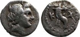 CARIA. Kaunos. Obol (Circa 309-189 BC).
Obv: Diademed head of Alexander III of Macedon right.
Rev: Cornucopia; Monogram in right field and K in left f...