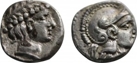 CILICIA. Holmoi. Obol (4th century BC).
Obv: Helmeted head of Athena right.
Rev: Diademed head of Apollo right.
Cf. SNG France 121 (ethnic in right fi...