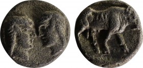 CARIA. Uncertain. Hemiobol (5th century BC).
Obv: Bare female and male (or female) heads facing one another.
Rev: Bull standing right within incuse ci...