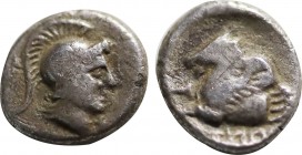 MYSIA, Adramytion(?). Orontes. Satrap of Mysia, (circa 357-352 BC). AR Eighth Siglos or Obol. Obv: Helmeted head of Athena right. Rev: Forepart of Peg...