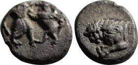 SAMARIA, “Middle Levantine” Series. (Circa 375-333 BC). AR Hemiobol. Persian king standing left, fighting winged animal. Rev: Forepart of lion left. C...